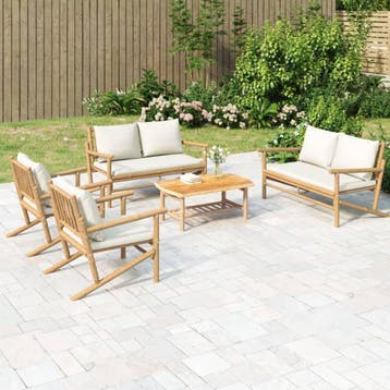 vidaXL 5-delige Loungeset met kussens bamboe crèmewit, Verzenden, Nieuw, Hout, Loungeset
