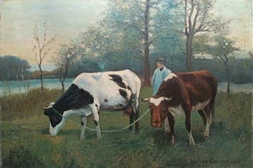 Herman Goossens (XX) - Boer met twee koeien in een wei