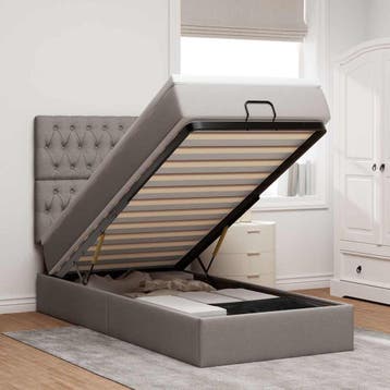vidaXL Bed poef met matras en LEDs 90x200 cm stof taupe, 90 cm, Eenpersoons, Verzenden, Nieuw