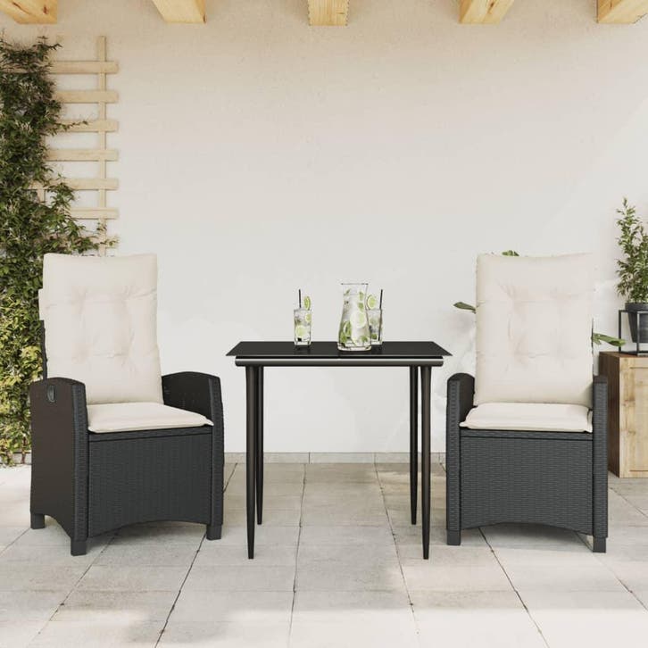 vidaXL 3-delige Tuinset met kussens poly rattan zwart, Tuin en Terras, Tuinsets en Loungesets, Tuinset, Nieuw, 2 zitplaatsen, Verzenden