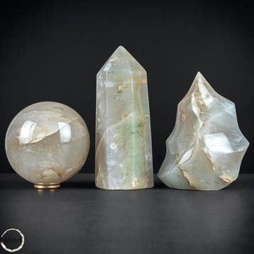 Gardenquarz-Set – Bol, Obelisk en Vlam Madagaskar vol magie