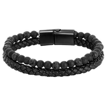 Fako Bijoux - Leren Natuurstenen Armband Heren - Zwart Leer, Verzenden, Nieuw