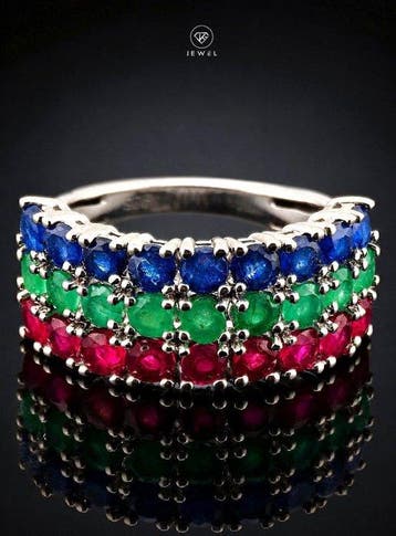 Brede saffier-, robijn- en smaragdring - 925 sterlingzilver