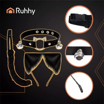 Ruhhy Zwarte kattenaccessoireset met oortjes, staart en h..., Ophalen of Verzenden, Nieuw