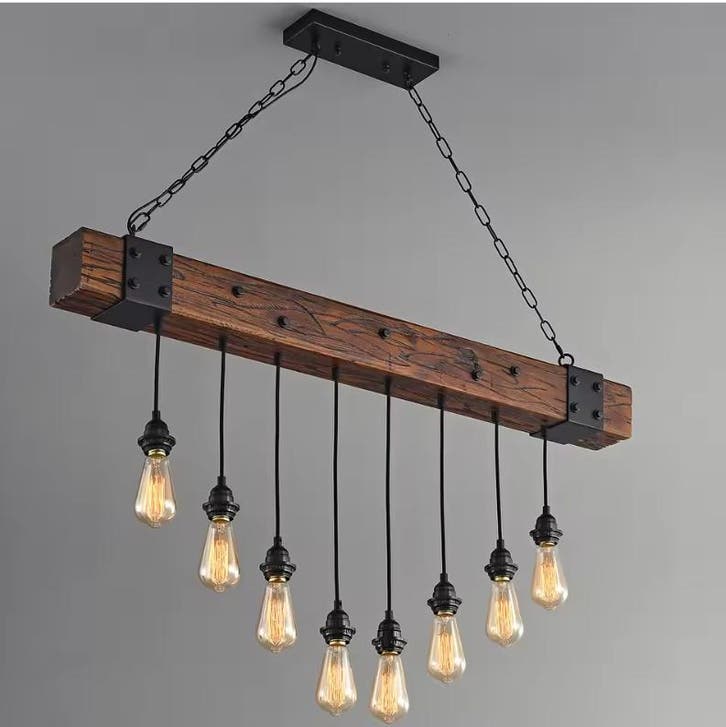 Industriële Houten Balk Hanglamp – 8-Lichts Retro Design, Huis en Inrichting, Lampen | Hanglampen, Nieuw, Verzenden
