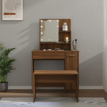 vidaXL Kaptafelset met LED-verlichting bewerkt hout bruin, Verzenden, Nieuw