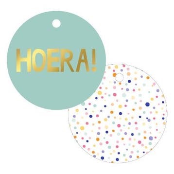 3x Cadeaulabel Rond Confetti HOERA (Per 3 stuks), Diversen, Ophalen of Verzenden, Nieuw