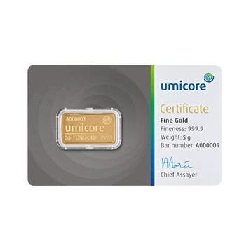 Umicore goudbaar 5 gram (LBMA certificaat), Postzegels en Munten, Edelmetalen en Baren, Verzenden, Goud