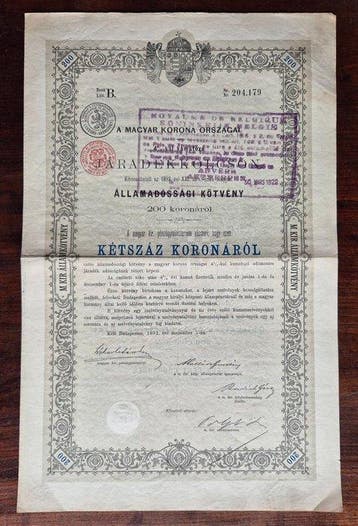 Hongarije. 200 Kronen 1892 - Jaradekkölcsön, Kingdom of