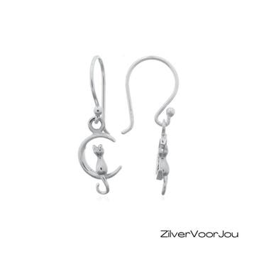 Kleine 925 zilveren oorhangers met poes in open maan, Verzenden, Nieuw, Zilver