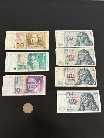 Duitsland. 7 bankbiljetten en 1 munt van 5 DM Deutsche Mark