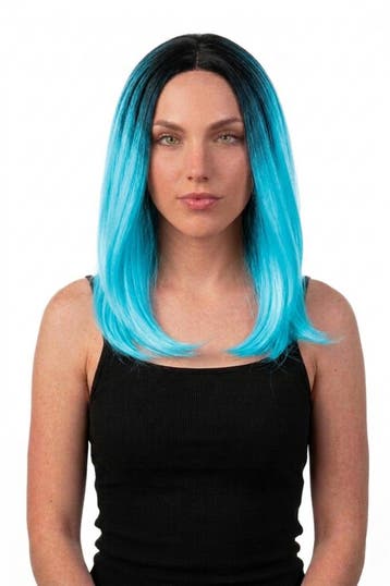 KIMU® Luxe Blauw Zwarte Pruik Curtain Bangs Pony Schouderlen, Kleding | Dames, Ophalen of Verzenden, Nieuw, Carnaval
