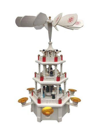 Kerstbeeldje - Draaiende kerstpiramide wit - rood met