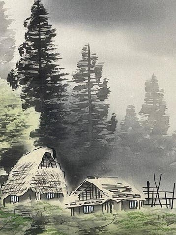 Landschapsrol door Katayama Takao, inkt schilderij -