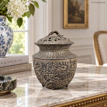 Japanse metalen wierookbrander – Chrysanten en vogels in