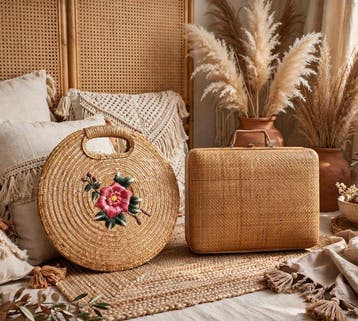 rattan vintage - Borsa paglia ricamata-valigetta midollino -