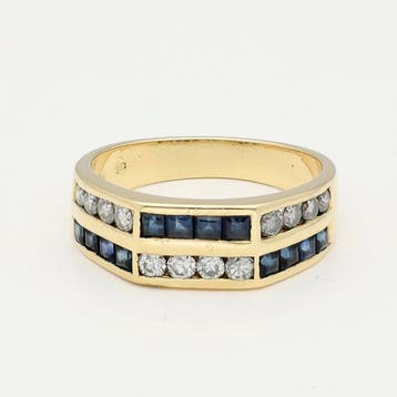 Ring - 18 karaat Geel goud - Diamant - Saffier, Nieuw