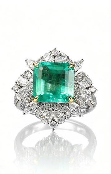 Ring - 18 karaat Witgoud Smaragd - Diamant - Anello Smeraldo, Nieuw