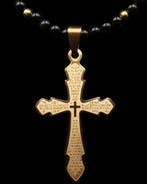 Goddelijke Glans – Zwarte Obsidiaan en Gouden Kruis van