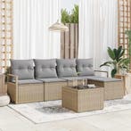 vidaXL Bankstel met kussen 6 pcs Beige poly rattan, Verzenden, Nieuw, Rotan, 6 zitplaatsen