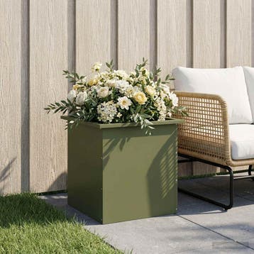 vidaXL Plantenbak met led Olijfgroen 50 x 50 x 48 cm Staal, Verzenden, Minder dan 60 cm, Nieuw, Metaal
