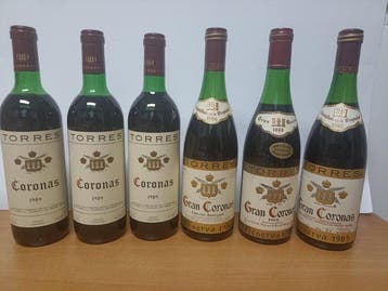 1969, 1985, 1986 Torres, Gran Coronas, Reserva & 1989, Verzamelen, Wijnen, Nieuw