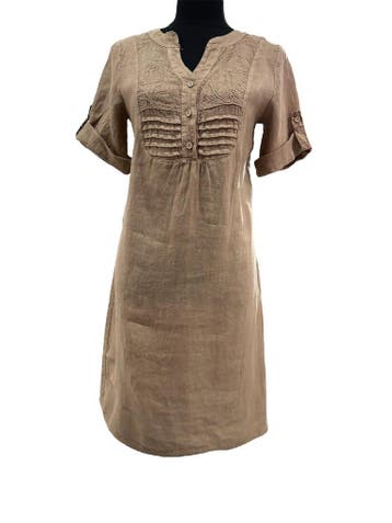 Mooi 100% linnen jurk met korte mouwen - broderie - knoppen, Nieuw