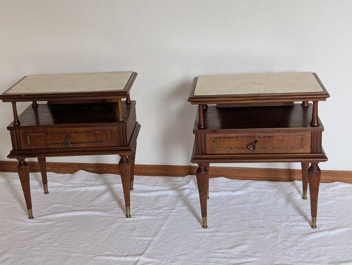 Nachtkastje (2) - Hout, Marmer, Vernikkeld messing - Marmo, Antiek en Kunst, Curiosa en Brocante