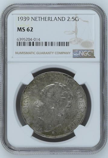 Koningin Wilhelmina 2 1/2 gulden 1939 MS62 NGC, Postzegels en Munten, Munten | Nederland, Verzenden, Koningin Wilhelmina, Losse munt