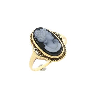 Gouden ring met sardonyx camee; 14 karaat; ringmaat 15,5, Gebruikt, Ophalen of Verzenden, Kleiner dan 17, Met edelsteen