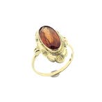 Gouden ring gezet met synthetische oranje/rode saffier, Sieraden, Tassen en Uiterlijk, Ringen, Gebruikt, Overige kleuren, Ophalen of Verzenden