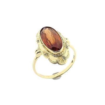 Gouden ring gezet met synthetische oranje/rode saffier, Sieraden, Tassen en Uiterlijk, Ringen, Gebruikt, Oranje, Ophalen of Verzenden