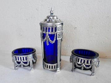 Dutch Silver Condiment Set with Cobalt Blue Glass Liners -