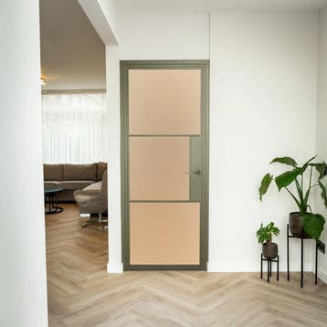 Stalen Binnendeur 3 Vlaks Olijfgroen Matglas Met slot, Minder dan 80 cm, Binnendeur, Nieuw, Metaal