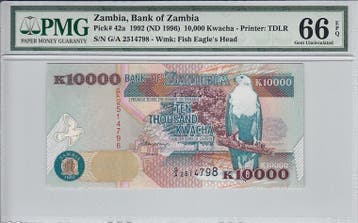 1992 Zambia 10 000 Kwacha Pick 42a Pmg Gem Unc 66 Epq, Verzenden