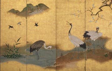 Byôbu  (vouwscherm) - Gelakt hout, zijde, papier - Japan -
