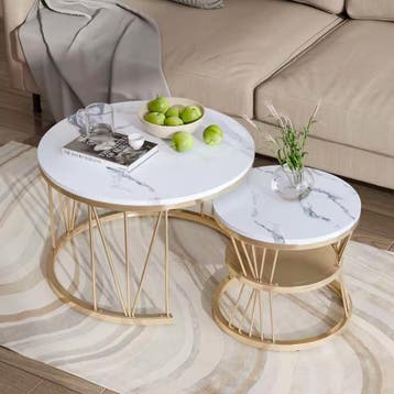 2-Delige Moderne Ronde Salontafel Set – Marmeren Textuur, Minder dan 50 cm, Kunststof, 50 tot 100 cm, Verzenden