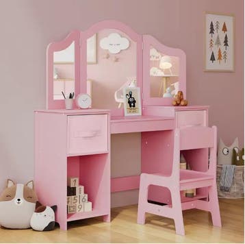 2-in-1 Kinder Schminktafel met Stoel,Spiegel en Opbergruimte, Verzenden, Nieuw