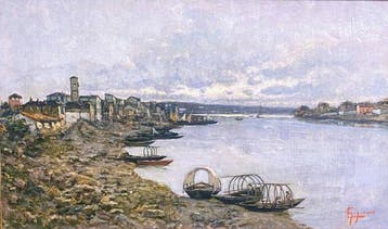 Lorenzo Gignous (1862-1958) - Lago Maggiore con barche a, Antiek en Kunst, Kunst | Schilderijen | Klassiek