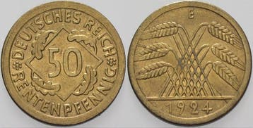 50 Rentenpfennig 1924 E Kleinmunten Weimarer Republik Wei..., Verzenden