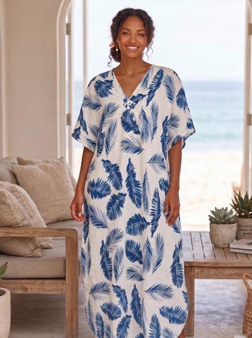 Boho rayon kaftan jurk - Blauw Wit Coastal Feathers, Ophalen of Verzenden, Nieuw