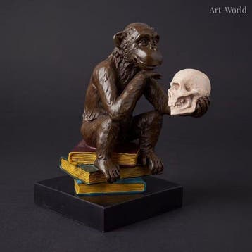 Beeld, “De wijze aap” - 14.5 cm - Brons, Marmer