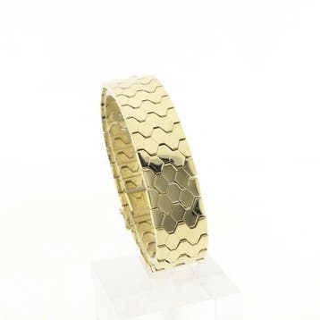 8 karaat brede fantasieschakel armband (Schakelarmband), Ophalen of Verzenden, Gebruikt, Geel, Goud
