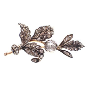 Antiek goud met zilveren broche met diamanten; ca. 1.00 ct., Gebruikt, Ophalen of Verzenden, Met edelsteen, Zilver