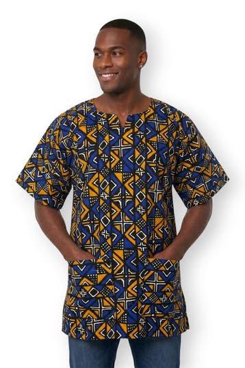 Blauw Bogolan Geometry Dashiki Shirt / Dashiki Jurk - Afrika, Ophalen of Verzenden, Nieuw