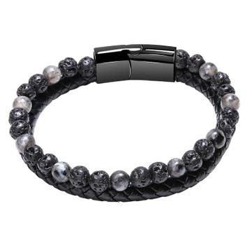 Fako Bijoux - Leren Natuurstenen Armband Heren - Zwart Leer, Verzenden, Nieuw