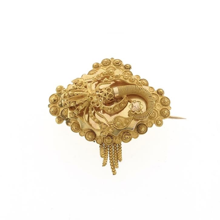 Gouden broche van een mutsenbel | Filigrain techniek, Sieraden, Tassen en Uiterlijk, Broches, Goud, Gebruikt, Goud, Ophalen of Verzenden