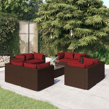 vidaXL 9-delige Loungeset met kussens poly rattan bruin, Verzenden, Nieuw, Loungeset