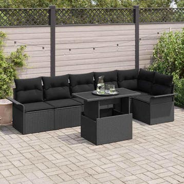 vidaXL Tuin Sofa Set met kussen 7 pcs Zwart Poly riet, Verzenden, Nieuw, Rotan, 7 zitplaatsen
