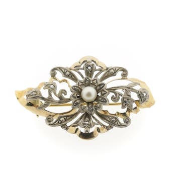 Antiek gouden broche met parel en diamanten, Gebruikt, Ophalen of Verzenden, Met edelsteen, Zilver
